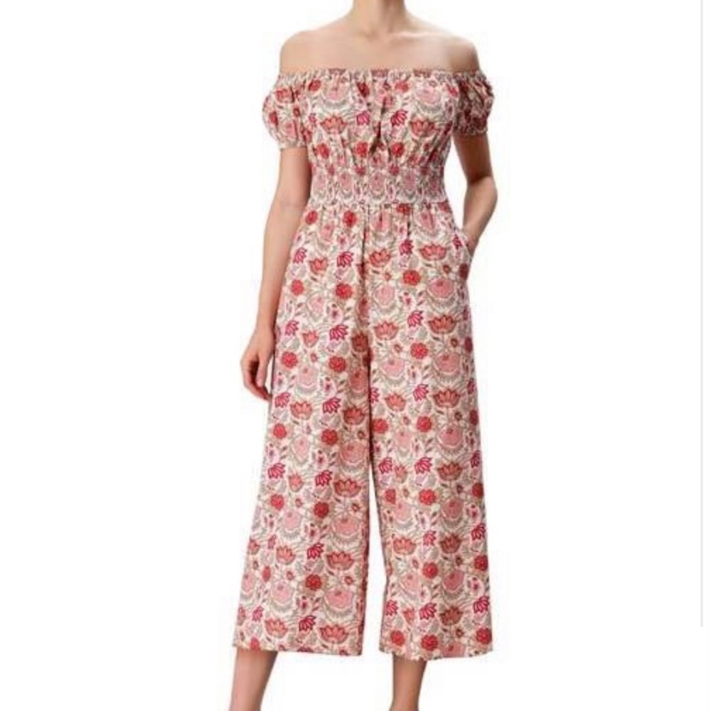 floral print cotton poplin smocked waist jumpsuit